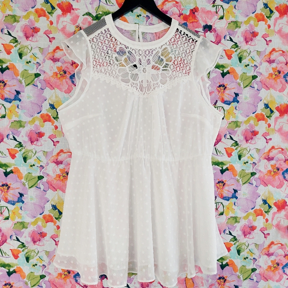 Torrid Peplum Chiffon Clip Dot Crochet Trim Top